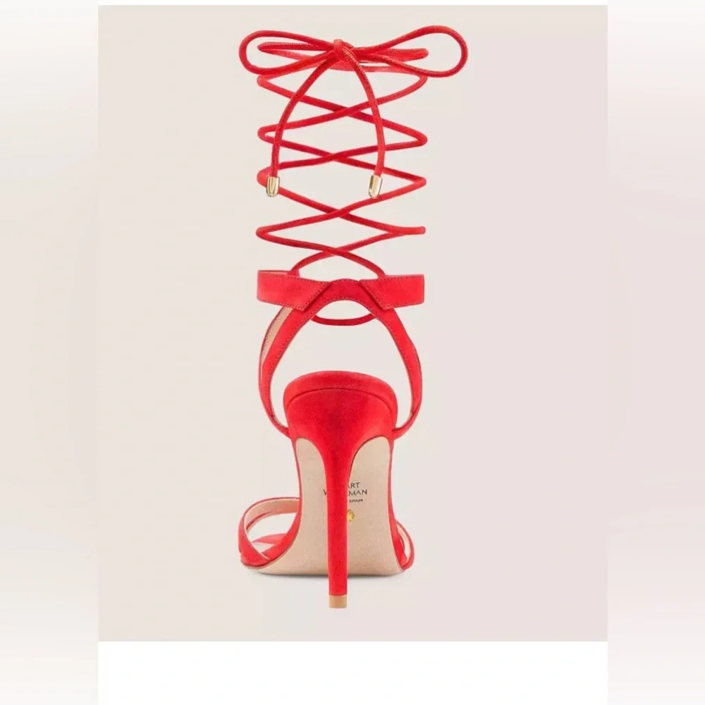 Stuart Weitzman Soiree 100 Red Lace-Up Strappy Heels 5.5 NWOB Designer Shoe - Picture 4 of 14